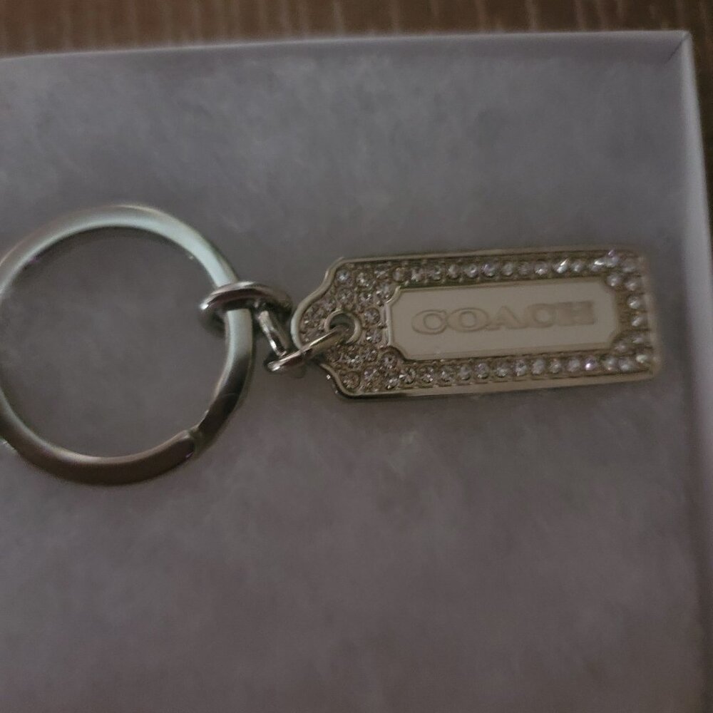 Coach Silver Rectangular Logo Key Ring with Rhinestone Border - Picture 12 of 15